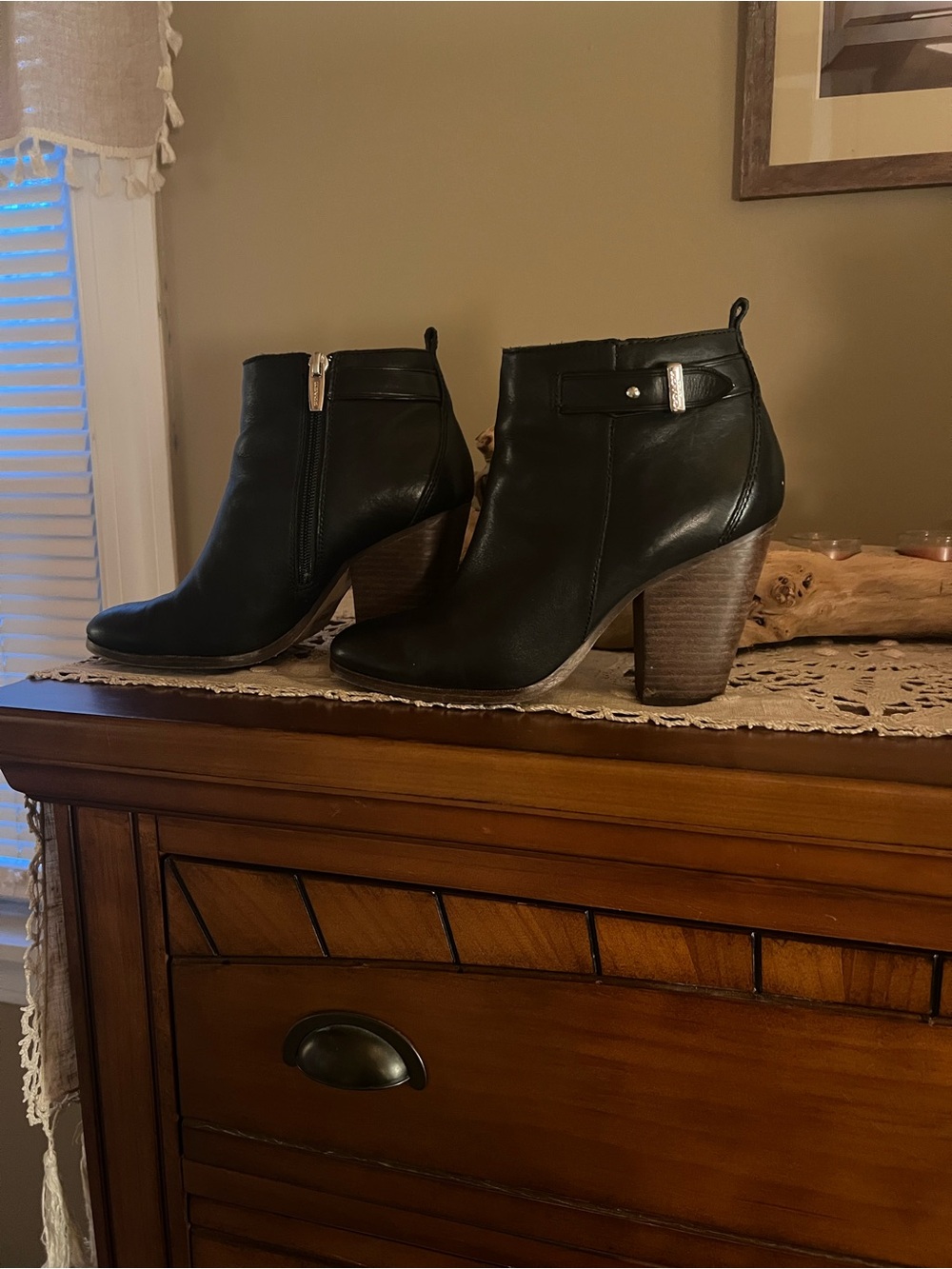 Coach Black Leather Ankle Booties with Stacked Wood Heel and Side Zip